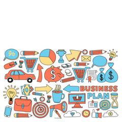 Online business and management school. Pattern with finance icons. Projects organization, risk, development. Team working, budget planning.