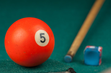 Billiards balls and cue on billiards table. Billiard sport concept.