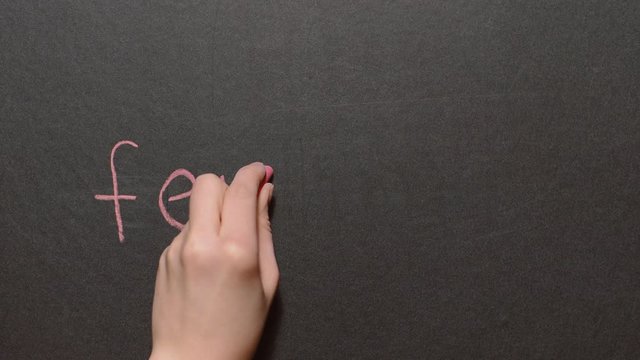 Feminism. A left female hand writes the word "feminism" by pink chalk on a black board. Feminism concept. Women's rights concept