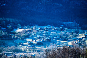 mountain town covered in snow