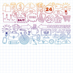 Online business and management school. Pattern with finance icons. Projects organization, risk, development. Team working, budget planning.