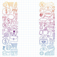 Online business and management school. Pattern with finance icons. Projects organization, risk, development. Team working, budget planning.