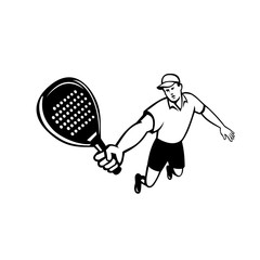 Mascot icon illustration of a padel player, a racquet sport with stringless racket jumping viewed from front on isolated white background in retro style.