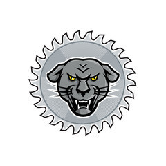 Mascot icon style illustration of an angry melanistic jaguar set inside circular saw blade on isolated white background in retro style.
