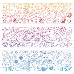Vector pattern with toys for little children. Kindergarten kids playing with doll, dinosaur, submarine, airplane, car.