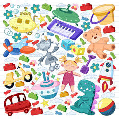 Vector set with toys icons. Pattern for kindergarten, little children. Kids playing.