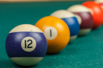 Billiards balls and cue on billiards table. Billiard sport concept.