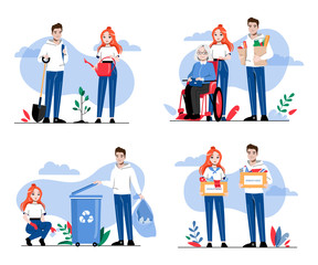 Concept Of Volunteerism. Group Of Teens Boy And Girl Are Gardening, Help Elderly People Do Shopping, Collecting And Sorting Waste, Donate Used Things. Cartoon Linear Outline Flat Vector Illustration