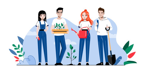 Gardening Concept. People Are Gardening, Planting And Watering Plants. Male And Female Characters Are Working Outdoor in The Garden With Professional Equipment. Cartoon Flat Style Vector Illustration