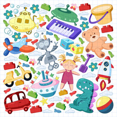 Vector set with toys icons. Pattern for kindergarten, little children. Kids playing.