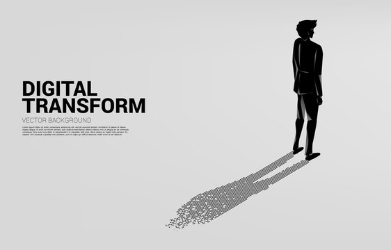 Businessman with shadow from digital dot pixel. business concept of digital transformation and digital footprint.