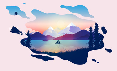 Tranquility - Sailboat on a quiet lake in beautiful landscape. Fluid soft shape border and calming colours. Dreaming of freedom, sailing and relaxation concept. Vector illustration.