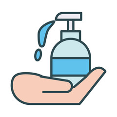 hand with antibacterial soap bottle fill icon