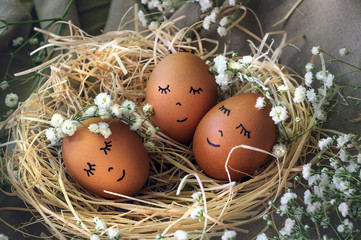 Cute easter eggs 3 pieces with closed eyes lie in a nest of hay with small white gypsophila flowers romantic rural girlish image Easter card