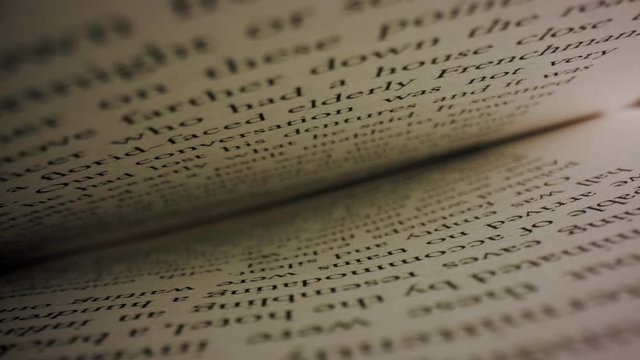A 4K over the top shot going through the book. Shallow focus of words in a book. Panning through a book.
