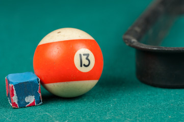 Billiards balls and cue on billiards table. Billiard sport concept.