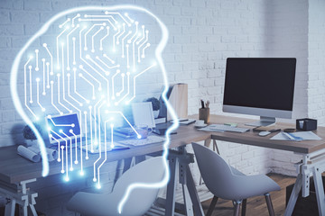 Double exposure of brain drawing and office interior background. Concept of data technology.