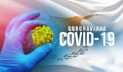 Coronavirus COVID-19 outbreak concept, health threatening virus, background waving national flag of Cyprus. Pandemic stop Novel Coronavirus outbreak covid-19 3D illustration.