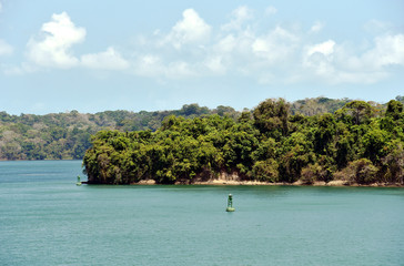 Green landscape of Panama Canal, view from the transiting cargo ship.