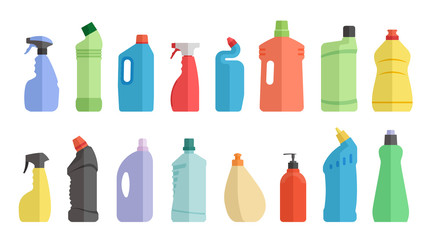 Flat icon bottles of cleaning supplies. Plastic bottles of household chemicals and cleaning products.