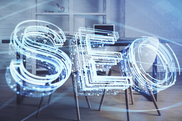 Double exposure of SEO drawing and office interior background. Concept of Search optimization engine.