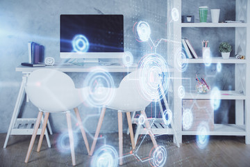 Multi exposure of data theme drawing and office interior background. Concept of technology.