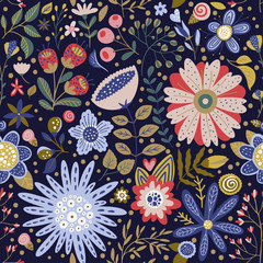 Seamless vector floral colorful pattern. Ornate flower spring and summer botanical art in a modern flat style. Romantic garden color illustration on a dark blue background.