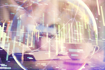 Double exposure of business theme drawing and desktop with coffee and items on table background. Concept of market trading