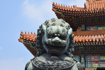 Forbidden City Lion with architectural background