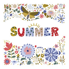 Floral color vector lettering card in a flat style. Ornate flower illustration with hand drawn calligraphy text positive quote - Summer.