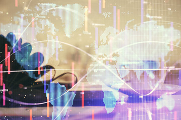 Double exposure of business theme drawing and desktop with coffee and items on table background. Concept of market trading