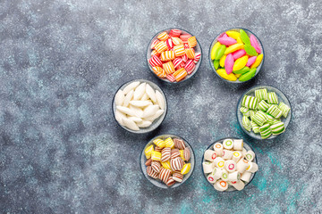 Different colorful sugar candies,top view