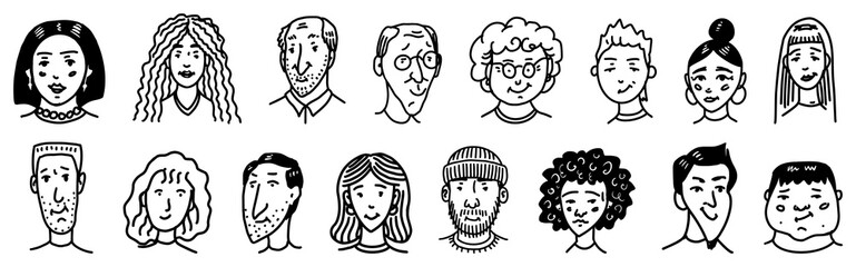 Diverse faces of people set. Human Avatars Collection. Old and young age. Happy emotions. Portrait with a positive facial expression. Men and women, grandparents and girls. Hand drawn doodle sketch.