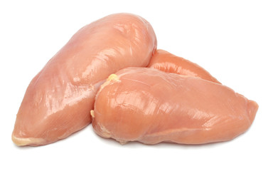 Raw chicken fillet isolated on a white background. Perfectly retouched, full depth of field on the photo. Top view, flat lay