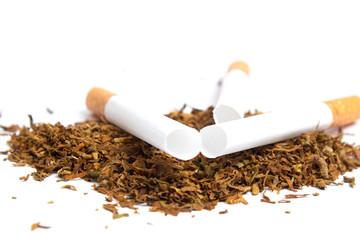 cigarette liners and a handful of tobacco on a white background. isolate
