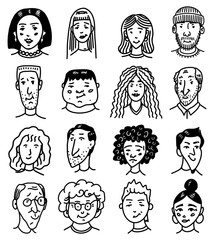 Diverse faces of people set. Human Avatars Collection. Old and young age. Happy emotions. Portrait with a positive facial expression. Men and women, grandparents and girls. Hand drawn doodle sketch.