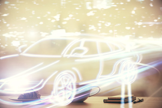 Double exposure of a car hologram over coffee cup background in office. Concept of autopilot