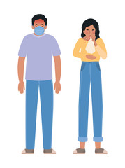 Avatar woman and man with covid 19 virus coughing holding tissue and mask vector design
