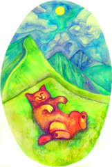 Naklejka premium A happy cat lies and basks on the lawn in the sun against the backdrop of mountains and a peaceful landscape