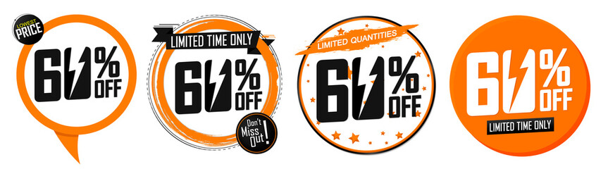 Set Sale 60 off banners, discount tags design template, vector illustration