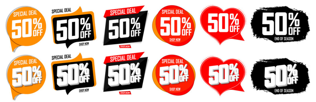 Set Sale 50 off banners, discount tags design template, vector illustration