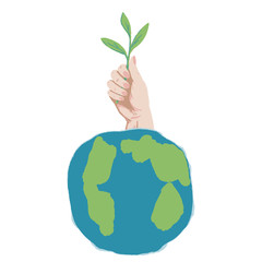 Earth planet sticker on white isolated backdrop. Arm with sprig for invitation or gift card, social banner, flyer, pillowcase. Phone case or cloth print art. Hand drawn style stock vector illustration