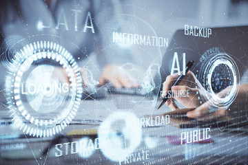 Double exposure of woman hands working on computer and data theme hologram drawing. Tech concept.