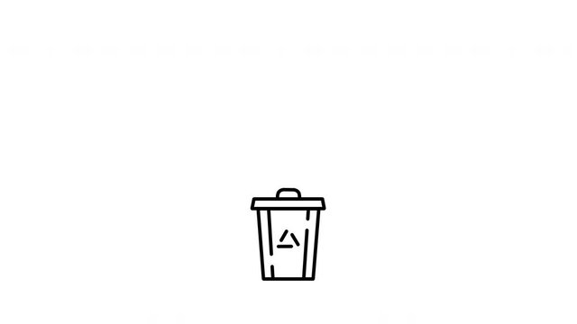 Plastic bottle thrown to the recycle bin. Stylized infographic animation. Black on white.