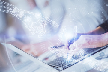 Double exposure of woman hands working on computer and data theme hologram drawing. Tech concept.