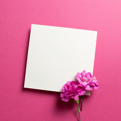 Empty memo paper with pink spray carnation flower on pink background. Floral composition, flat lay, top view, copy space