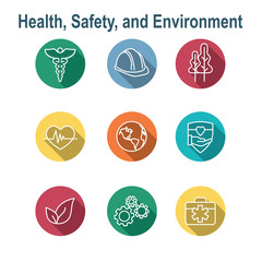 Health Safety and Environment Icon Set  with medical, safety, & leaves icons