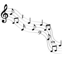 Music notes, flowing, white background, vector illustration.
