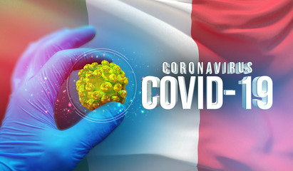 Coronavirus COVID-19 outbreak concept, health threatening virus, background waving national flag of Italy. Pandemic stop Novel Coronavirus outbreak covid-19 3D illustration.