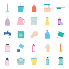 Cleaning service items flat style icon set vector design